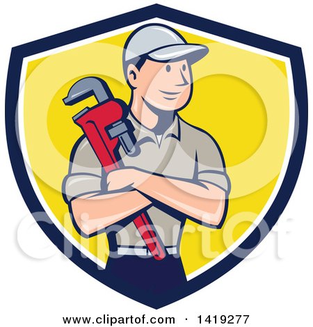 Clipart of a Retro Cartoon White Male Plumber or Handy Man Holding a Monkey Wrench in Folded Arms, Inside a Blue White and Yellow Shield - Royalty Free Vector Illustration by patrimonio