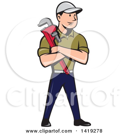 Clipart of a Retro Cartoon White Male Plumber or Handy Man Holding a Monkey Wrench in Folded Arms - Royalty Free Vector Illustration by patrimonio