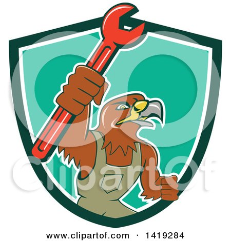 Clipart of a Retro Hawk Mechanic Man Wearing Overalls and Holding up a Spanner Wrench in a Green White and Turquoise Shield - Royalty Free Vector Illustration by patrimonio