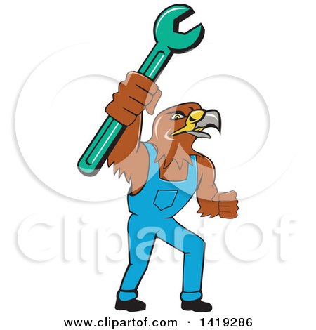 Clipart of a Retro Hawk Mechanic Man Wearing Overalls and Holding up a Spanner Wrench - Royalty Free Vector Illustration by patrimonio