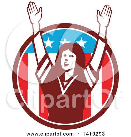 Clipart of a Retro Female American Football Fan Cheering with Her Arms up in an American Circle - Royalty Free Vector Illustration by patrimonio