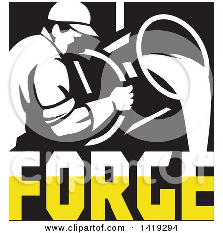 Clipart of a Retro Foundry Worker Man Pouring Molten Metal over Forge Text in Black White and Yellow - Royalty Free Vector Illustration by patrimonio