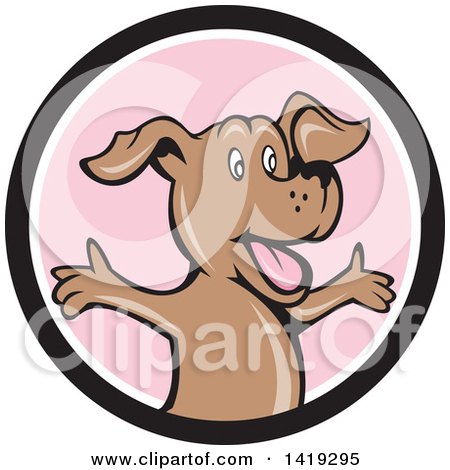 Clipart of a Retro Cartoon Happy Puppy Dog Ohlding His Arms out in a Black White and Pink Circle - Royalty Free Vector Illustration by patrimonio