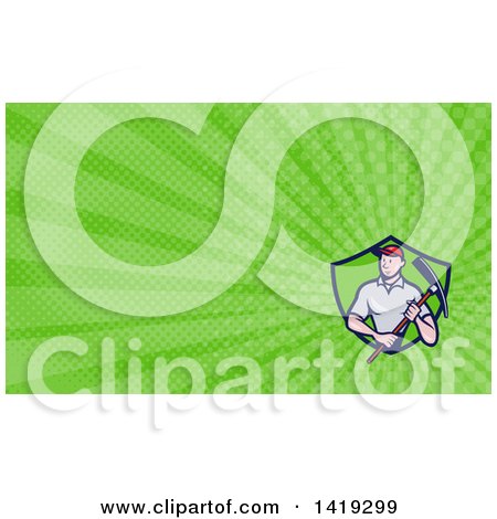 Clipart of a Retro Cartoon Male Construction Worker Holding a Pickaxe and Green Rays Background or Business Card Design - Royalty Free Illustration by patrimonio