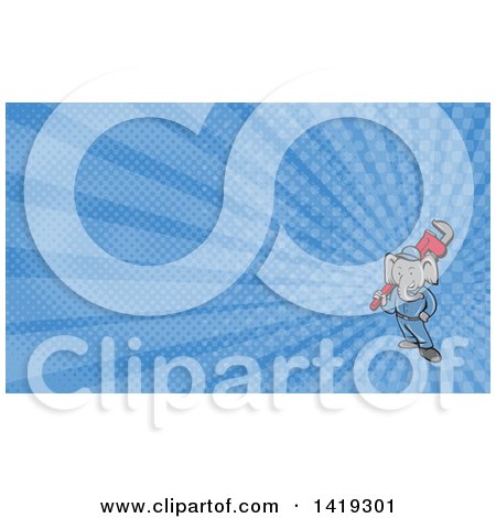 Clipart of a Retro Cartoon Elephant Man Plumber Holding a Giant Monkey Wrench and Blue Rays Background or Business Card Design - Royalty Free Illustration by patrimonio