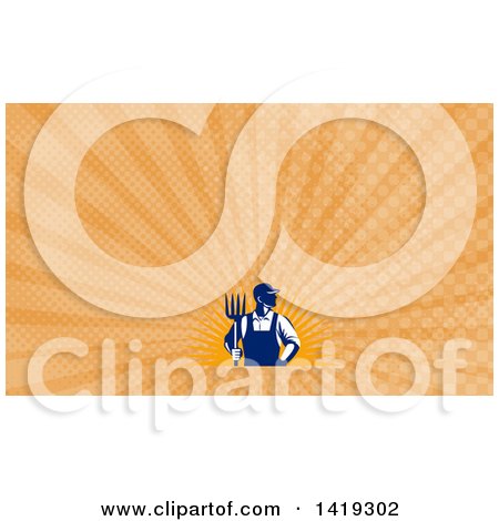 Clipart of a Retro Male Farmer or Worker Standing with One Hand in His Pocket and One Hand Holding a Pitchfork over a Sun Burst and Orange Rays Background or Business Card Design - Royalty Free Illustration by patrimonio