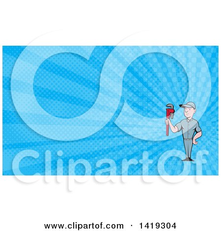Clipart of a Retro Cartoon White Male Plumber or Handy Man Holding a Monkey Wrench and Blue Rays Background or Business Card Design - Royalty Free Illustration by patrimonio