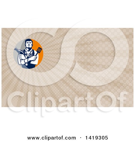 Clipart of a Retro Jack of All Trades Worker Man Holding a Blow Dryer and Spatula, Wearing a Stethoscope and Tools and Brown Rays Background or Business Card Design - Royalty Free Illustration by patrimonio