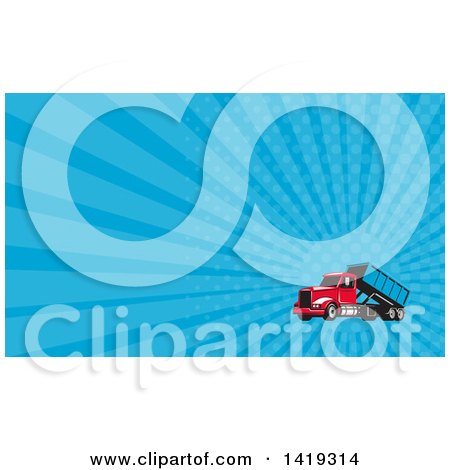 Clipart of a Retro Roll off Bin Dump Truck and Blue Rays Background or Business Card Design - Royalty Free Illustration by patrimonio
