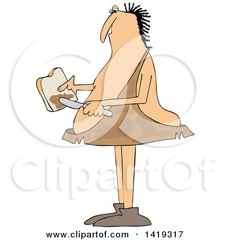 Clipart of a Cartoon Chubby Caveman Spreading Peanut Butter on Toast - Royalty Free Vector Illustration by djart