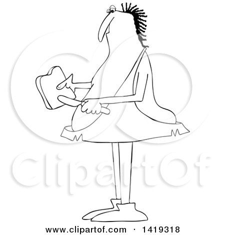 Clipart of a Cartoon Black and White Lineart Chubby Caveman Spreading Peanut Butter on Toast - Royalty Free Vector Illustration by djart