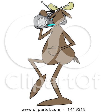Clipart of a Cartoon Moose Listening to Music and Carrying a Boom Box on His Shoulder - Royalty Free Vector Illustration by djart