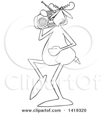 Clipart of a Cartoon Black and White Lineart Moose Listening to Music and Carrying a Boom Box on His Shoulder - Royalty Free Vector Illustration by djart