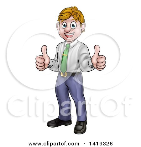Clipart of a Cartoon Happy Blond Caucasian Business Man Giving Two Thumbs up - Royalty Free Vector Illustration by AtStockIllustration