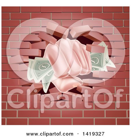 Clipart of a Caucasian Hand Fisted and Holding Cash Money, Breaking Through a Red Brick Wall - Royalty Free Vector Illustration by AtStockIllustration