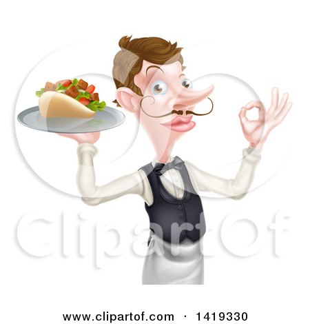 Clipart of a Cartoon Caucasian Male Waiter with a Curling Mustache, Holding a Kebab Sandwich on a Tray and Gesturing Okay - Royalty Free Vector Illustration by AtStockIllustration