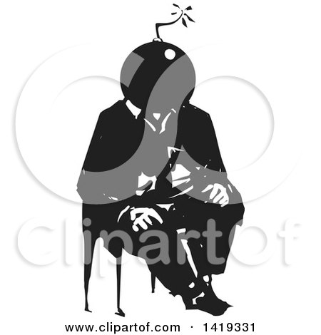 Clipart of a Black and White Woodcut Bomb Headed Man Sitting in a Chair - Royalty Free Vector Illustration by xunantunich