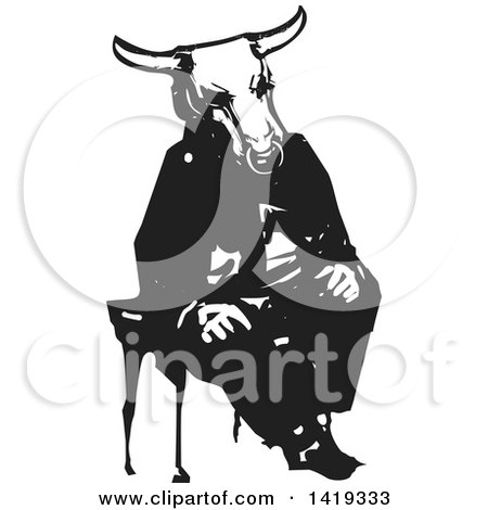 Clipart of a Black and White Woodcut Minotaur Sitting in a Chair - Royalty Free Vector Illustration by xunantunich
