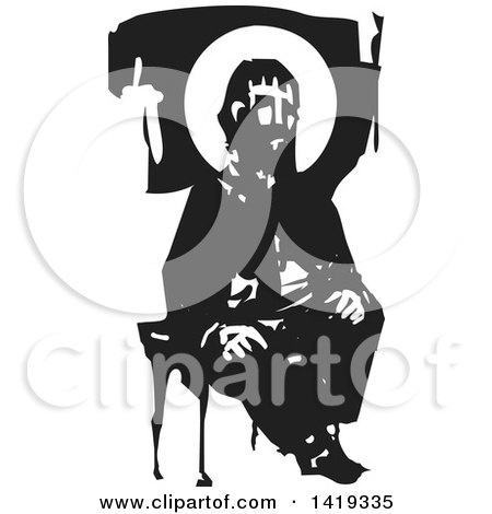 Clipart of a Black and White Woodcut Bearded Hipster Man with a Halo, Sitting in a Chair - Royalty Free Vector Illustration by xunantunich