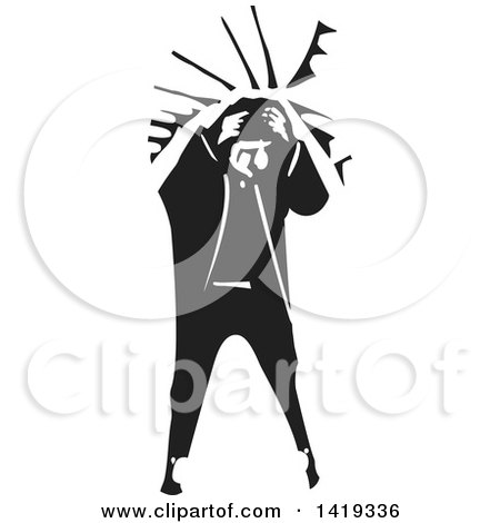 Clipart of a Black and White Woodcut Man with a Migraine, Grabbing His Head - Royalty Free Vector Illustration by xunantunich
