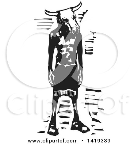 Clipart of a Black and White Woodcut Minotaur - Royalty Free Vector Illustration by xunantunich