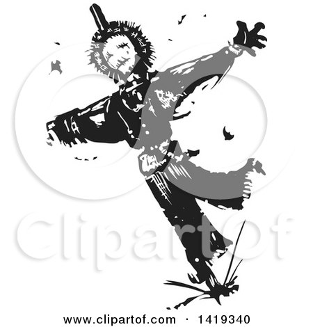 Clipart of a Black and White Woodcut Scarecrow and Birds - Royalty Free Vector Illustration by xunantunich