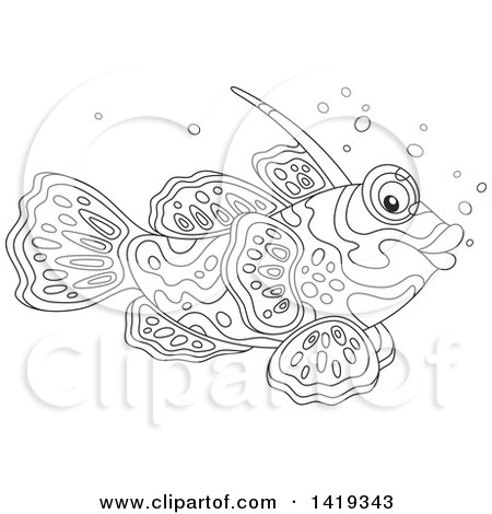Clipart of a Black and White Lineart Mandarin Dragonet Marine Fish - Royalty Free Vector Illustration by Alex Bannykh