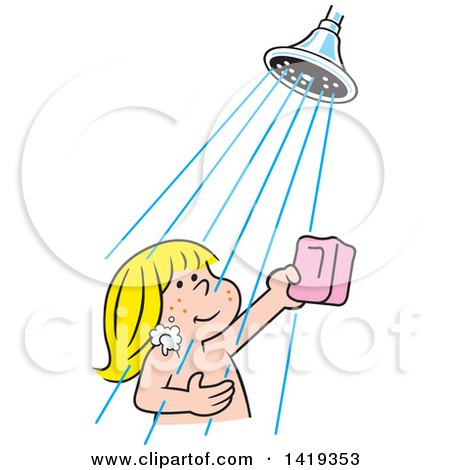 Clipart of a Cartoon Happy Blond Caucasian Girl Holding a Bar of Soap and Taking a Shower - Royalty Free Vector Illustration by Johnny Sajem