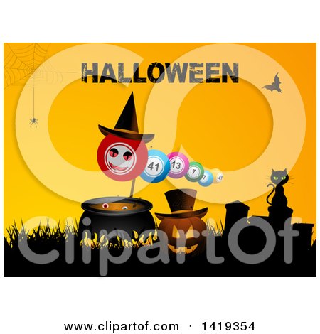 Clipart of a Silhouetted Cat on a Tombstone by a Pumpkin, Cauldron and Bingo Balls Under Halloween Text - Royalty Free Vector Illustration by elaineitalia