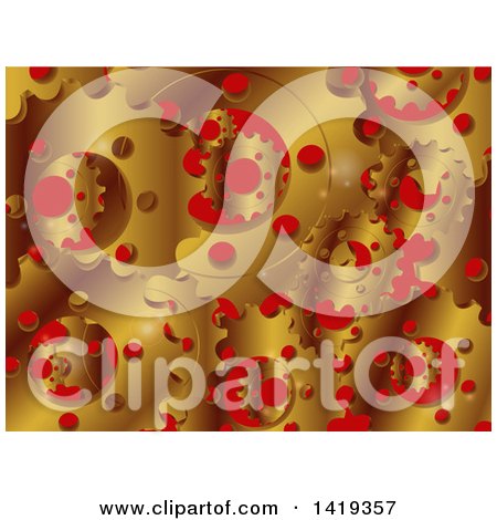 Clipart of a Background of Gold Metal Gear Cogs over Red - Royalty Free Vector Illustration by elaineitalia