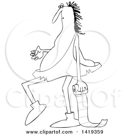 Clipart of a Cartoon Black and White Lineart Chubby Caveman Walking and Carrying a Roll of Toilet Paper - Royalty Free Vector Illustration by djart