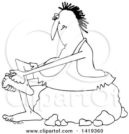 Clipart of a Cartoon Black and White Lineart Chubby Caveman Sitting on a Boulder and Clipping His Toe Nails - Royalty Free Vector Illustration by djart