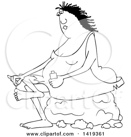 Clipart of a Cartoon Black and White Lineart Chubby Cave Woman Sitting on a Boulder and Painting Her Toe Nails - Royalty Free Vector Illustration by djart