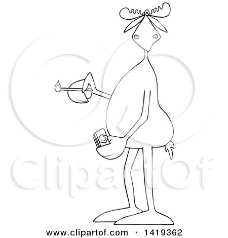 Clipart of a Cartoon Black and White Lineart Moose Holding a Lit Match - Royalty Free Vector Illustration by djart