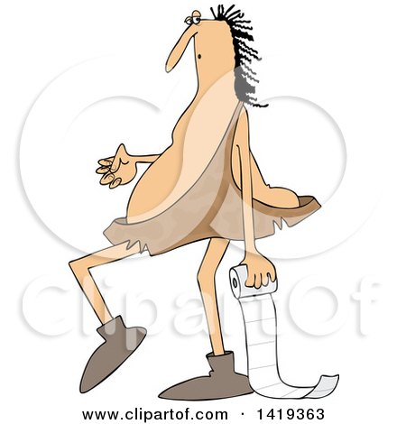 Clipart of a Cartoon Chubby Caveman Walking and Carrying a Roll of Toilet Paper - Royalty Free Vector Illustration by djart