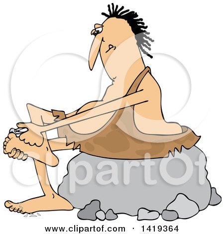 Clipart of a Cartoon Chubby Caveman Sitting on a Boulder and Clipping His Toe Nails - Royalty Free Vector Illustration by djart