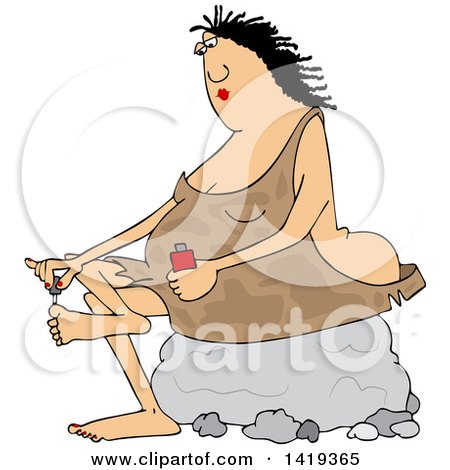 Clipart of a Cartoon Chubby Cave Woman Sitting on a Boulder and Painting Her Toe Nails - Royalty Free Vector Illustration by djart