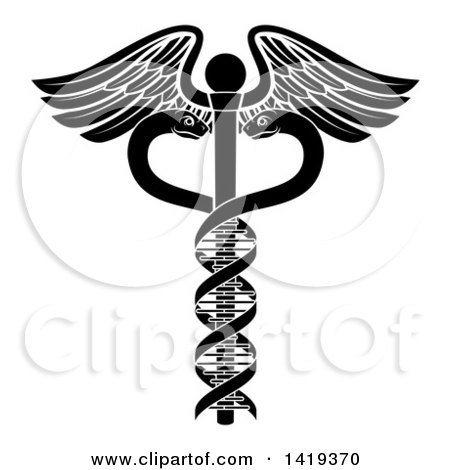 Clipart of a Black and White Medical Caduceus with DNA Strand Snakes on a Winged Rod - Royalty Free Vector Illustration by AtStockIllustration