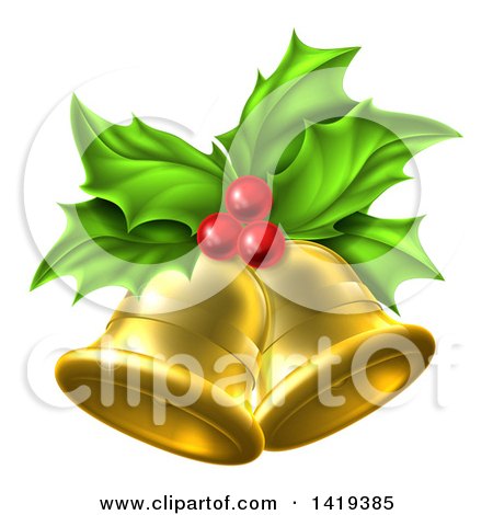 Clipart of 3d Gold Christmas Bells Holly and Berries - Royalty Free Vector Illustration by AtStockIllustration