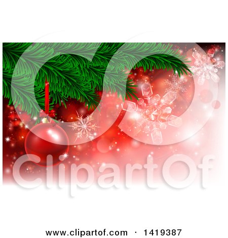 Clipart of a 3d Red Christmas Bauble on a Tree Branch over Red with Snowflakes - Royalty Free Vector Illustration by AtStockIllustration