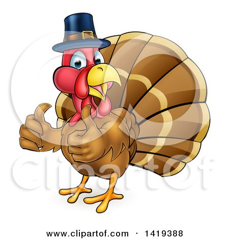 Clipart of a Cartoon Thanksgiving Turkey Bird Wearing a Pilgrim Hat and Giving Two Thumbs up - Royalty Free Vector Illustration by AtStockIllustration