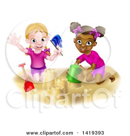 Clipart of Happy White and Black Girls Playing and Making Sand Castles on a Beach - Royalty Free Vector Illustration by AtStockIllustration