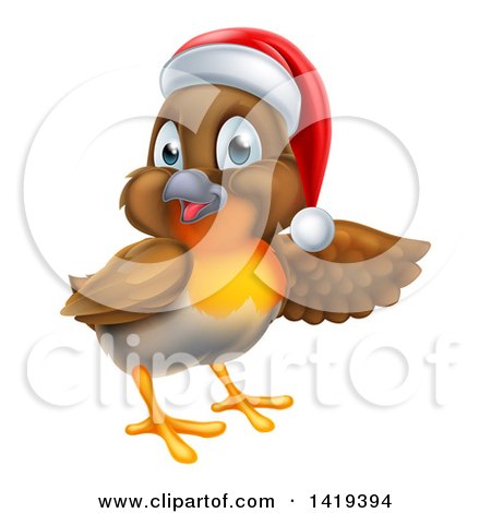 Clipart of a Christmas Robin in a Santa Hat, Pointing to the Right - Royalty Free Vector Illustration by AtStockIllustration