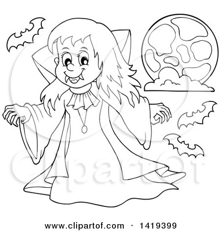 Clipart of a Black and White Lineart Vampire Girl with Bats and the Moon - Royalty Free Vector Illustration by visekart