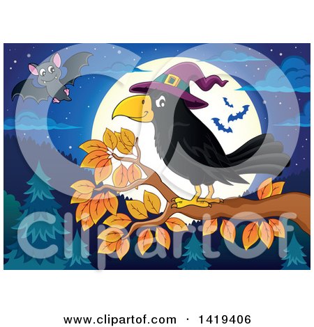 Clipart of a Halloween Crow Bird Wearing a Witch Hat and Perched on a Branch over a Full Moon, Forest and Bats - Royalty Free Vector Illustration by visekart