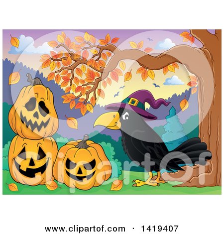 Clipart of a Crow Wearing a Witch Hat by Halloween Jackolantern Pumpkins Under an Autumn Tree - Royalty Free Vector Illustration by visekart