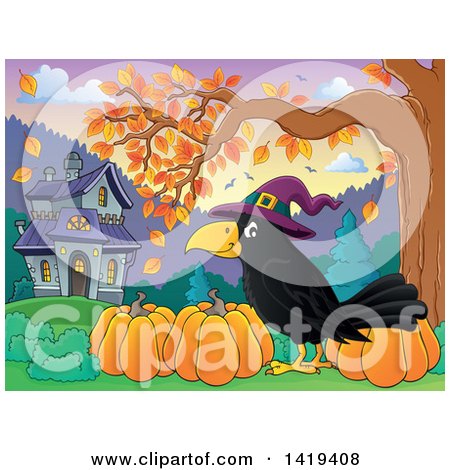 Clipart of a Halloween Crow Bird Wearing a Witch Hat by Pumpkins Under an Autumn Tree, with a Haunted House in the Background - Royalty Free Vector Illustration by visekart