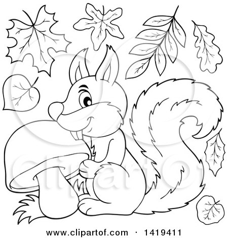 Clipart of a Black and White Lineart Happy Squirrel with a Mushroom and Fall Leaves - Royalty Free Vector Illustration by visekart