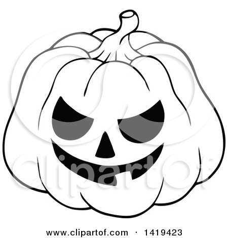 Clipart of a Black and White Carved Halloween Jackolantern Pumpkin - Royalty Free Vector Illustration by visekart
