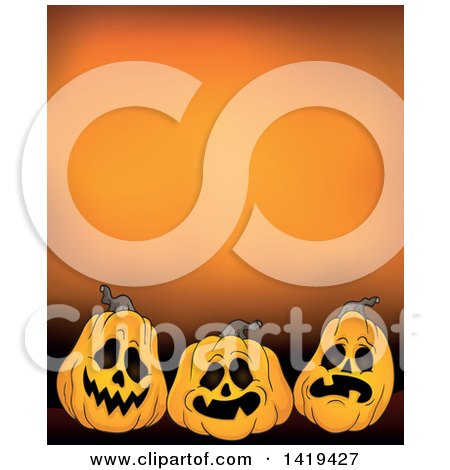 Clipart of a Halloween Background of Jackolantern Pumpkins over Orange - Royalty Free Vector Illustration by visekart